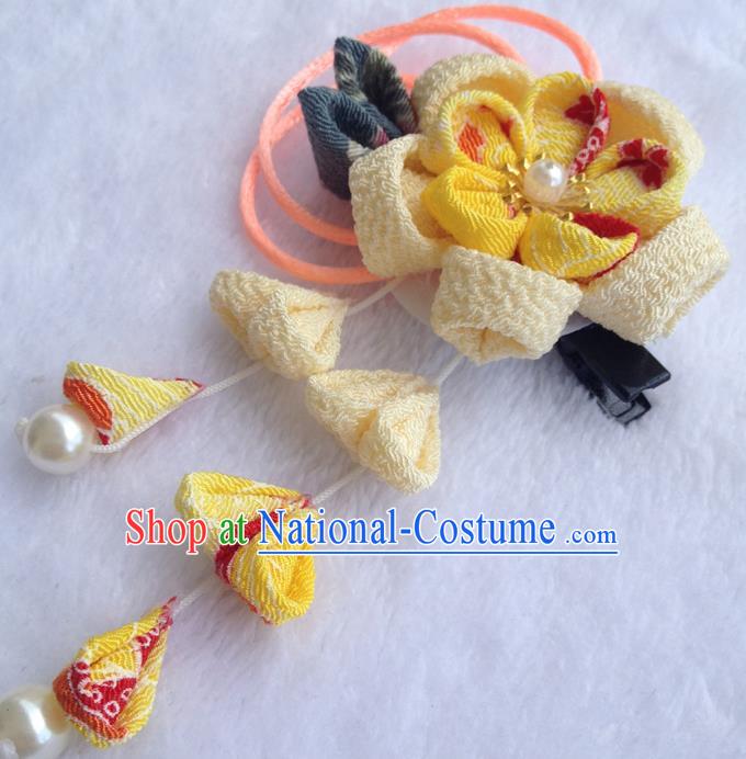 Traditional Japan Yellow Silk Sakura Tassel Hair Stick Japanese Kimono Hair Accessories for Women