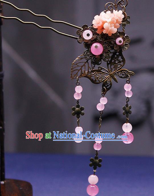 Traditional China Ancient Princess Pink Beads Tassel Hairpins Chinese Hanfu Hair Accessories for Women