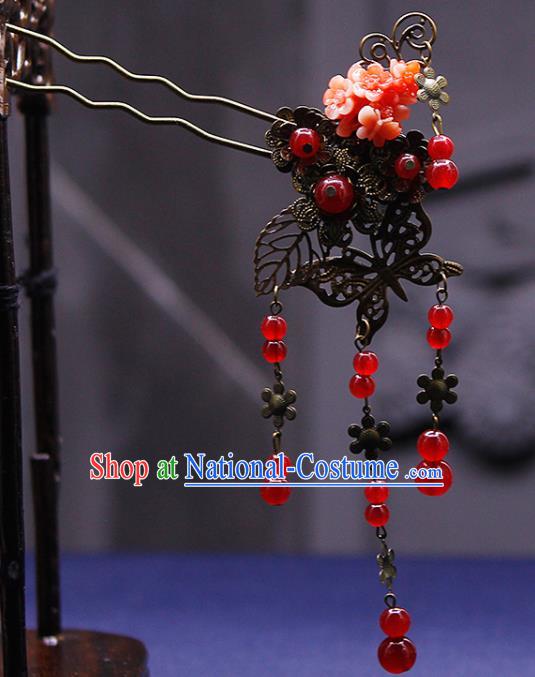 Traditional China Ancient Princess Red Beads Tassel Hairpins Chinese Hanfu Hair Accessories for Women