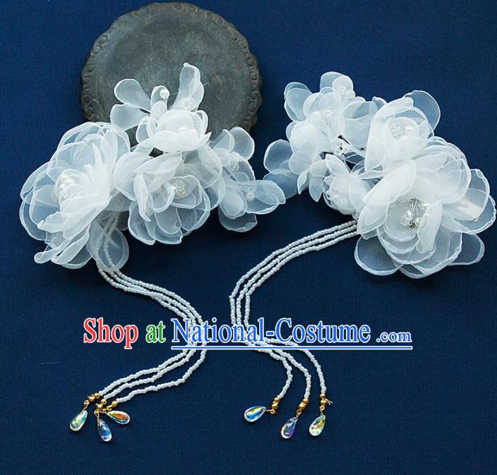 China Ancient Princess White Silk Flowers Tassel Hair Claw Hairpins Chinese Traditional Hanfu Hair Accessories for Women