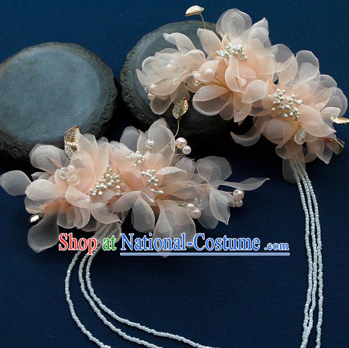 China Ancient Princess Pink Silk Flowers Tassel Hair Claw Hairpins Chinese Traditional Hanfu Hair Accessories for Women