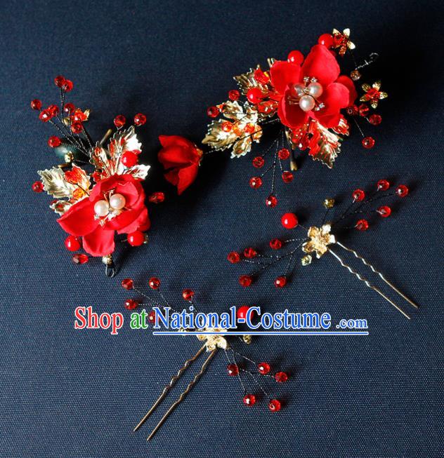 China Ancient Princess Red Flower Hair Claw Hairpins Chinese Traditional Hanfu Hair Accessories for Women