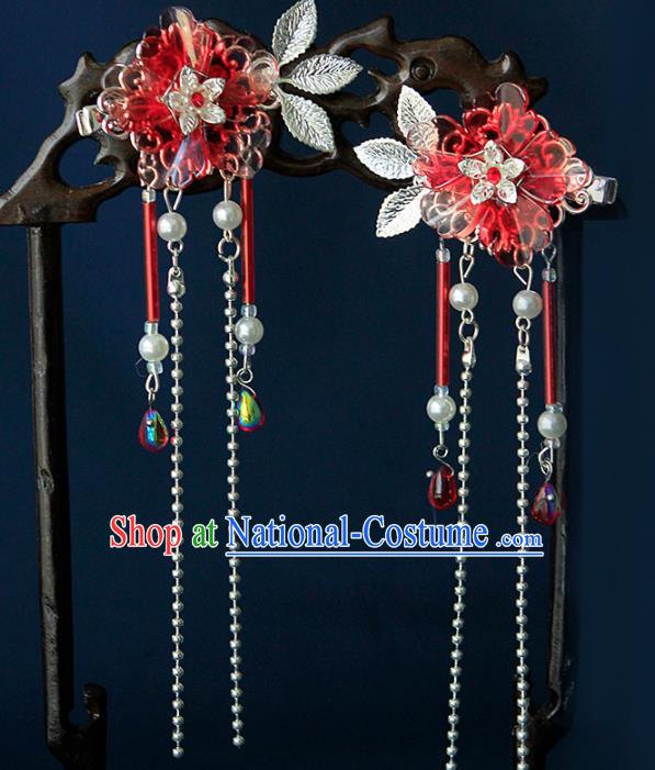 China Ancient Princess Red Flower Tassel Hair Claws Hairpins Chinese Traditional Hanfu Hair Accessories for Women