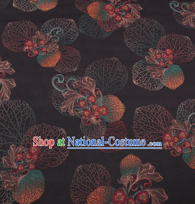 Chinese Traditional Leaf Flowers Pattern Design Black Satin Watered Gauze Brocade Fabric Asian Silk Fabric Material