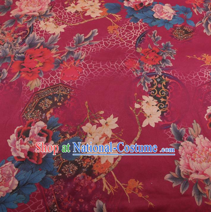 Chinese Traditional Peony Pattern Design Wine Red Satin Watered Gauze Brocade Fabric Asian Silk Fabric Material