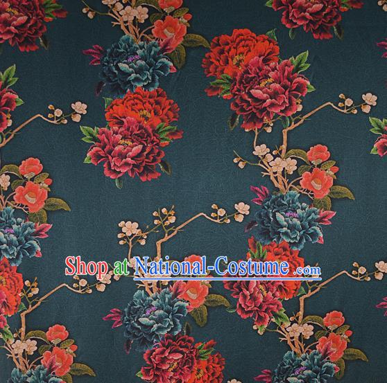 Chinese Traditional Peony Pattern Design Atrovirens Satin Watered Gauze Brocade Fabric Asian Silk Fabric Material