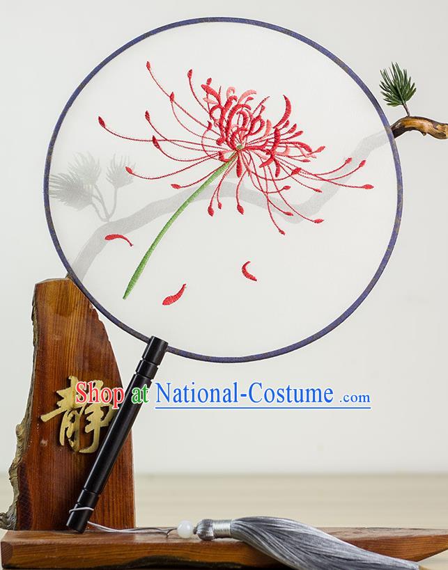 Chinese Traditional Hanfu Embroidered Red Spider Lily Palace Fans Ancient Princess Dance Silk Round Fan for Women