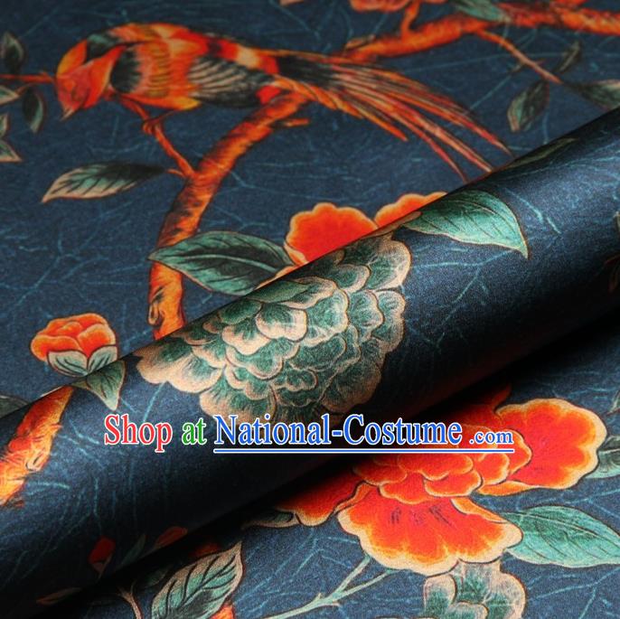 Chinese Traditional Peony Bird Pattern Design Atrovirens Satin Watered Gauze Brocade Fabric Asian Silk Fabric Material