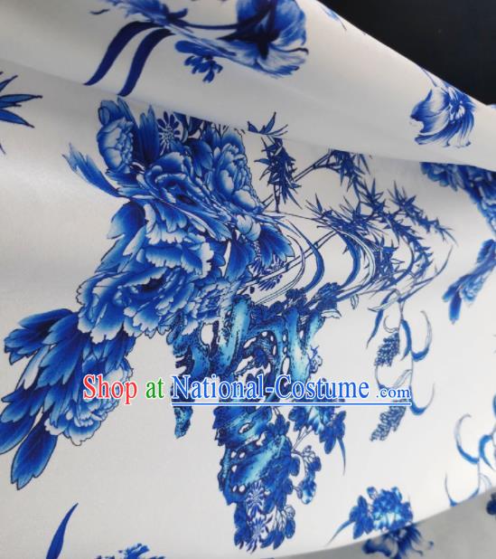 Chinese Traditional Peony Bamboo Pattern Design White Satin Watered Gauze Brocade Fabric Asian Silk Fabric Material