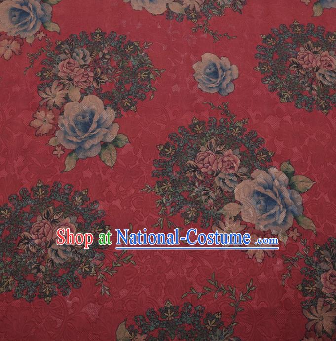 Traditional Chinese Satin Classical Roses Pattern Design Red Watered Gauze Brocade Fabric Asian Silk Fabric Material