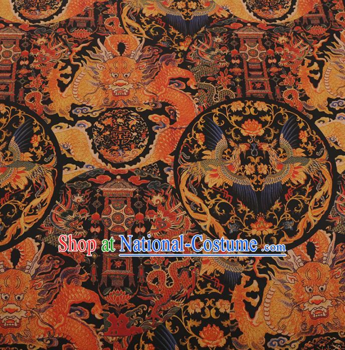 Traditional Chinese Satin Classical Dragon Phoenix Pattern Design Black Watered Gauze Brocade Fabric Asian Silk Fabric Material