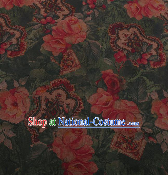 Traditional Chinese Satin Classical Roses Pattern Design Green Watered Gauze Brocade Fabric Asian Silk Fabric Material