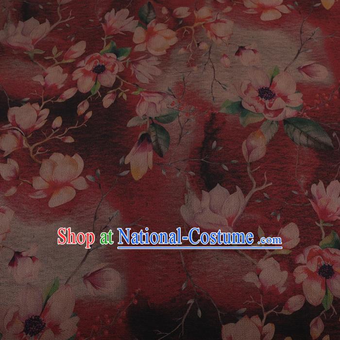 Traditional Chinese Classical Magnolia Pattern Design Wine Red Satin Watered Gauze Brocade Fabric Asian Silk Fabric Material