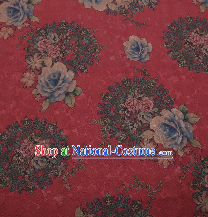 Traditional Chinese Satin Classical Roses Pattern Design Red Watered Gauze Brocade Fabric Asian Silk Fabric Material