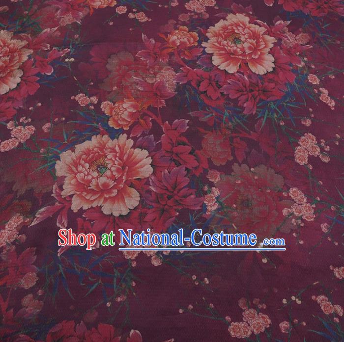 Chinese Traditional Peony Pattern Design Wine Red Satin Watered Gauze Brocade Fabric Asian Silk Fabric Material