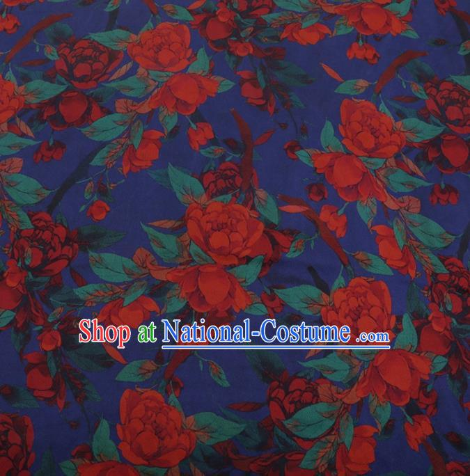 Traditional Chinese Classical Peony Pattern Design Deep Blue Satin Watered Gauze Brocade Fabric Asian Silk Fabric Material