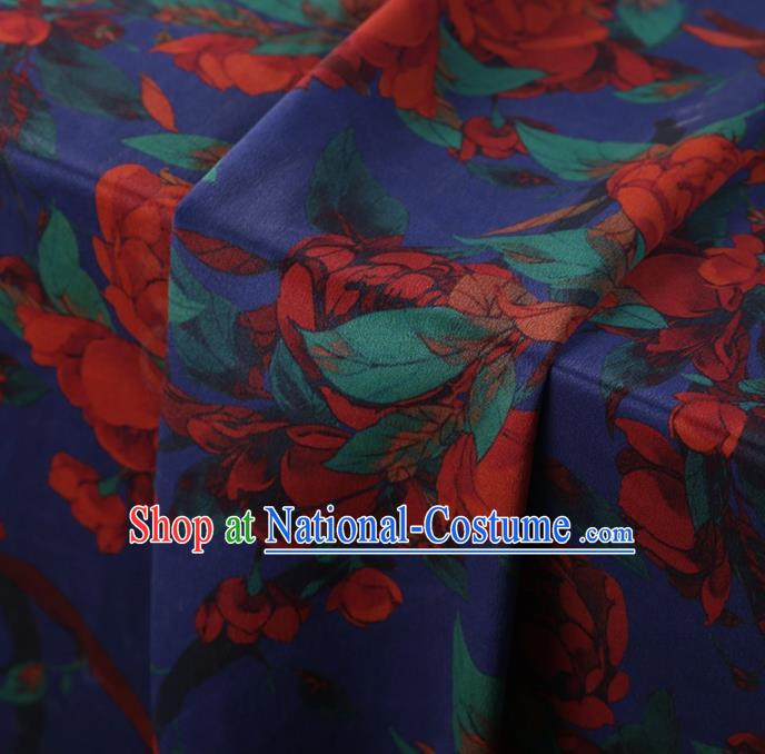 Traditional Chinese Classical Peony Pattern Design Deep Blue Satin Watered Gauze Brocade Fabric Asian Silk Fabric Material