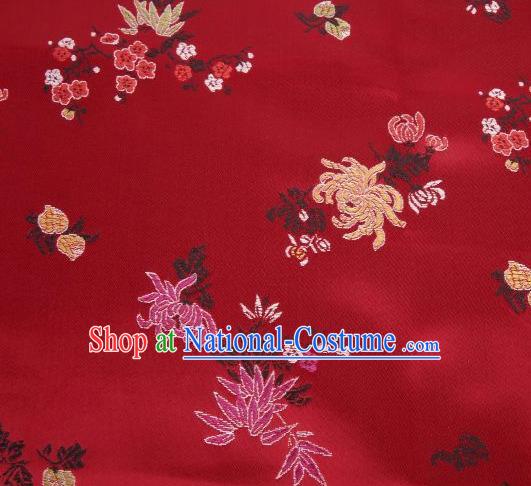 Chinese Classical Plum Orchid Bamboo Chrysanthemum Pattern Design Red Brocade Asian Traditional Hanfu Silk Fabric Tang Suit Fabric Material