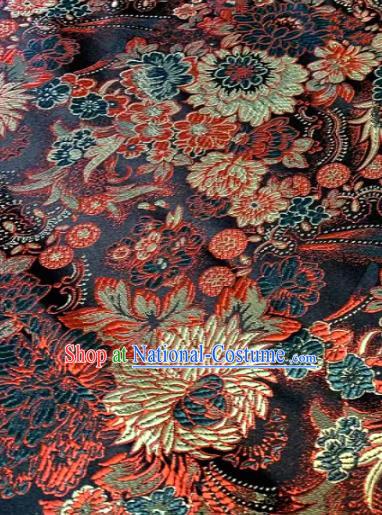 Japan Classical Chrysanthemum Pattern Design Black Brocade Asian Japanese Traditional Kimono Silk Fabric Material