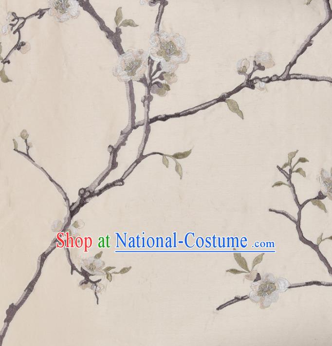 Traditional Chinese Classical Embroidered Plum Blossom Pattern Design Fabric Beige Brocade Tang Suit Satin Drapery Asian Silk Material