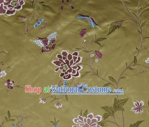 Traditional Chinese Classical Embroidered Peony Pattern Design Fabric Olive Green Brocade Tang Suit Satin Drapery Asian Silk Material