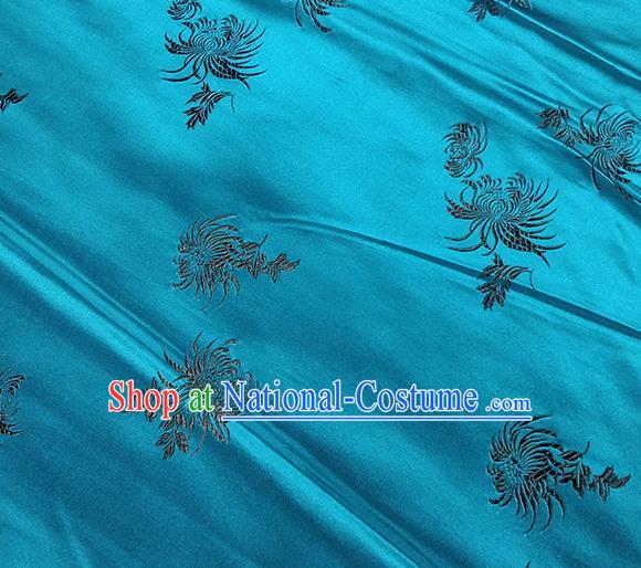 Traditional Chinese Classical Chrysanthemum Pattern Design Fabric Peacock Blue Brocade Tang Suit Satin Drapery Asian Silk Material