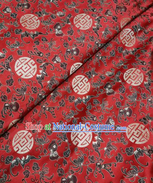 Asian Chinese Classical Longevity Chrysanthemum Pattern Design Red Brocade Fabric Traditional Tang Suit Satin Drapery Silk Material