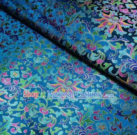 Asian Chinese Royal Colorful Chrysanthemum Pattern Design Blue Brocade Fabric Traditional Tang Suit Satin Classical Drapery Silk Material