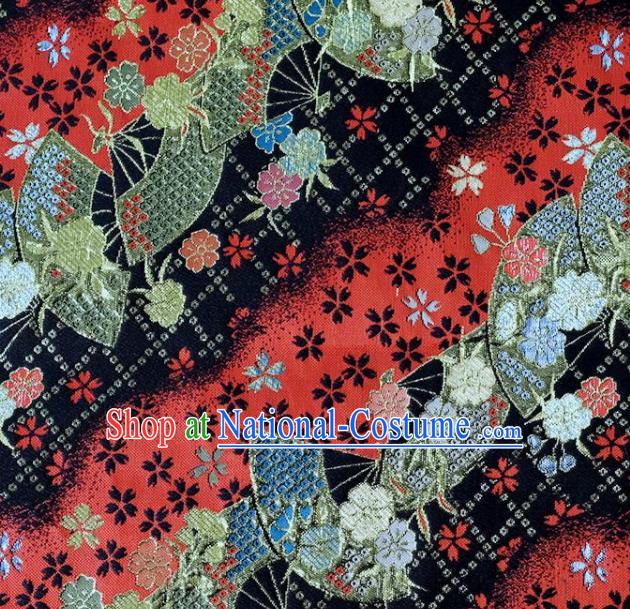 Asian Japanese Kimono Fabric Classical Fan Pattern Design Black Brocade Traditional Drapery Silk Material