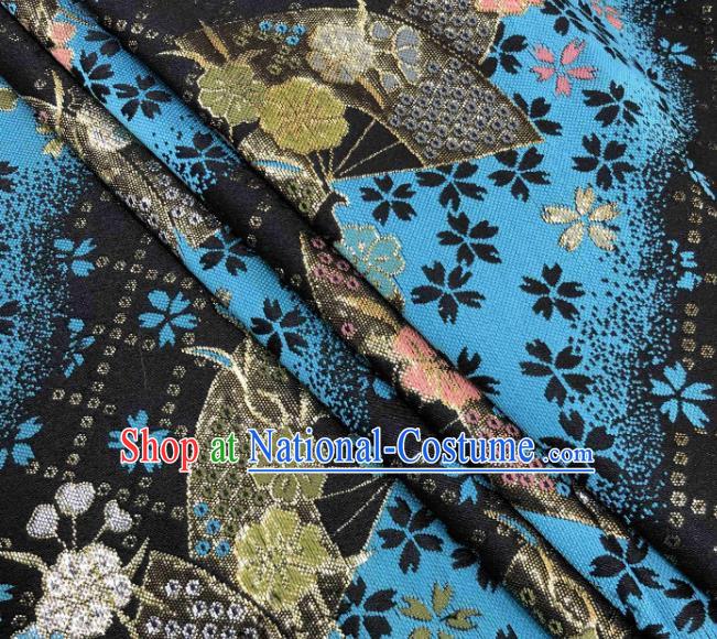 Asian Japanese Kimono Fabric Classical Fan Pattern Design Blue Brocade Traditional Drapery Silk Material