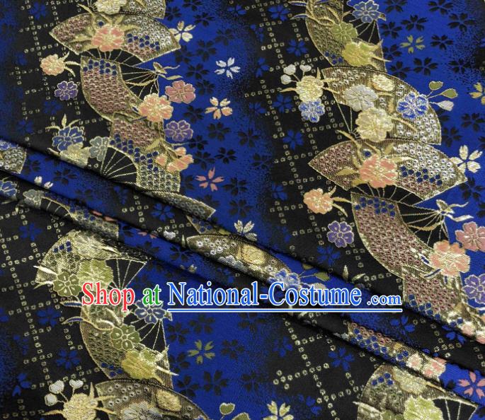 Asian Japanese Kimono Fabric Classical Fan Pattern Design Royalblue Brocade Traditional Drapery Silk Material