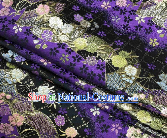 Asian Japanese Kimono Fabric Classical Fan Pattern Design Deep Purple Brocade Traditional Drapery Silk Material