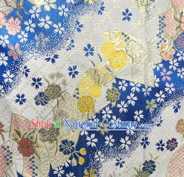 Asian Japanese Kimono Fabric Classical Fan Pattern Design Deep Blue Brocade Traditional Drapery Silk Material