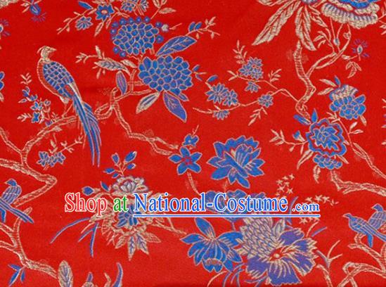 Asian Chinese Fabric Red Satin Classical Flowers Birds Pattern Design Brocade Traditional Drapery Silk Material