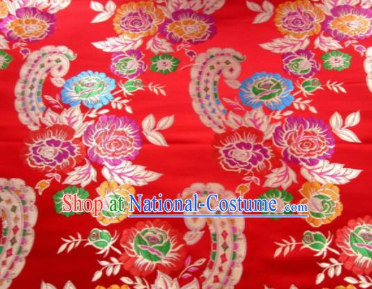 Asian Chinese Classical Roses Pattern Design Red Satin Fabric Brocade Traditional Drapery Silk Material