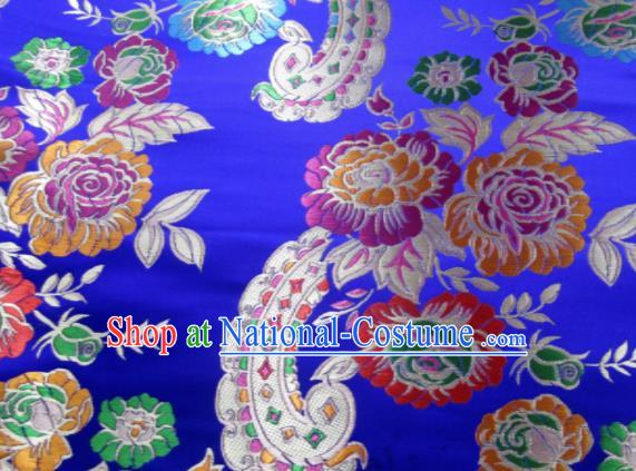 Asian Chinese Classical Roses Pattern Design Royalblue Satin Fabric Brocade Traditional Drapery Silk Material