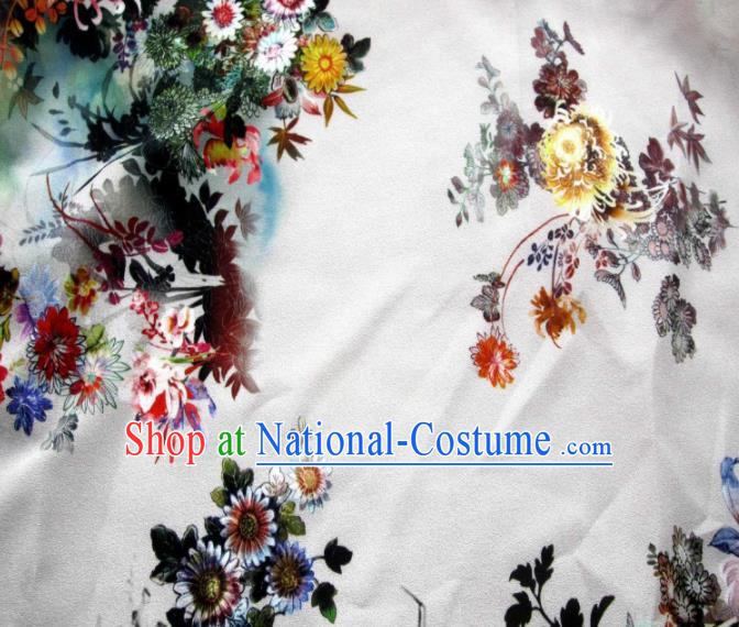 Asian Chinese Classical Chrysanthemum Pattern Design White Satin Fabric Brocade Traditional Drapery Silk Material