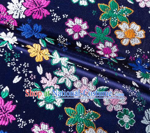 Asian Japanese Kimono Fabric Classical Flowers Pattern Design Navy Brocade Traditional Drapery Silk Material