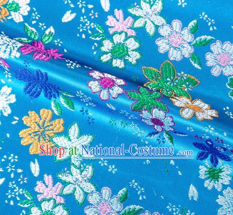 Asian Japanese Kimono Fabric Classical Flowers Pattern Design Blue Brocade Traditional Drapery Silk Material