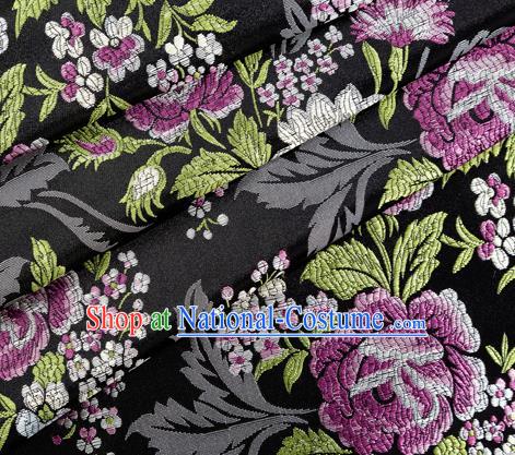 Asian Japanese Kimono Fabric Classical Peony Pattern Design Black Brocade Traditional Drapery Silk Material