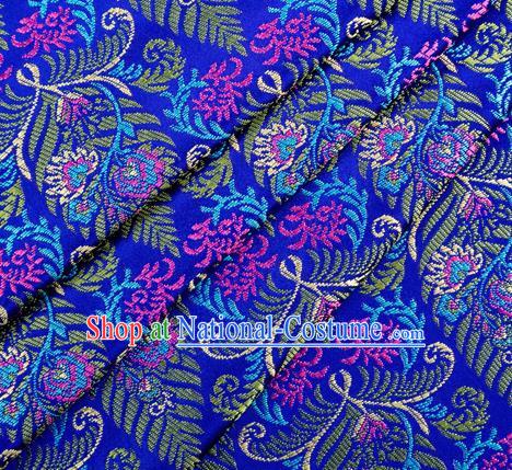 Asian Chinese Classical Cycas Flowers Pattern Design Royalblue Satin Fabric Brocade Traditional Drapery Silk Material