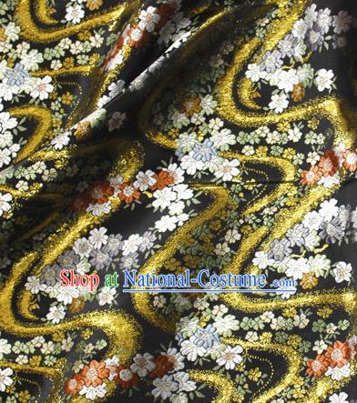 Asian Japanese Kimono Black Satin Fabric Classical Sakura Pattern Design Brocade Traditional Drapery Silk Material