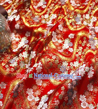 Asian Japanese Kimono Red Satin Fabric Classical Sakura Pattern Design Brocade Traditional Drapery Silk Material