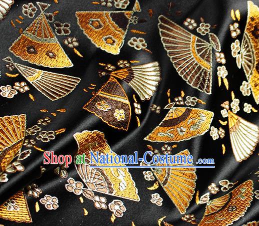 Asian Japanese Classical Fans Pattern Design Black Brocade Kimono Satin Fabric Damask Traditional Drapery Silk Material