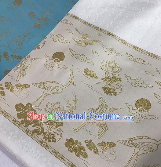 Chinese Hanfu Dress White Brocade Classical Crane Lotus Pattern Design Satin Fabric Asian Traditional Drapery Silk Material