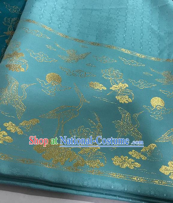 Chinese Hanfu Dress Blue Brocade Classical Crane Lotus Pattern Design Satin Fabric Asian Traditional Drapery Silk Material