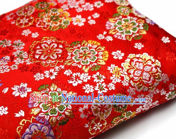 Asian Japanese Kimono Satin Fabric Classical Sakura Pattern Design Red Brocade Damask Traditional Drapery Silk Material