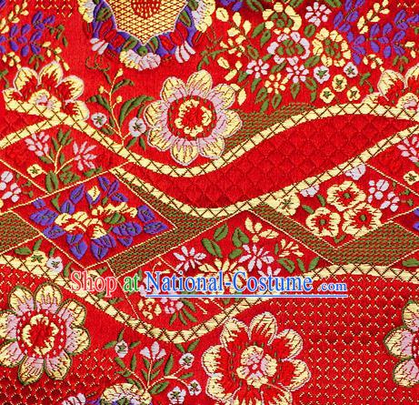 Asian Japanese Classical Flowers Pattern Design Red Brocade Kimono Satin Fabric Damask Traditional Drapery Silk Material