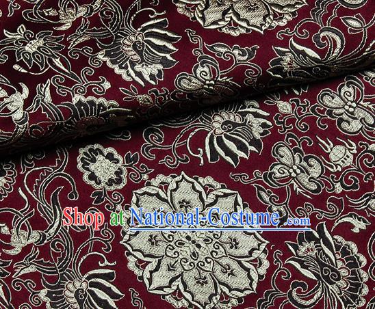 Chinese Classical Rosette Pattern Design Wine Red Satin Fabric Brocade Asian Traditional Drapery Silk Material