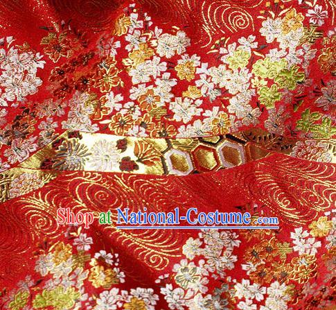 Asian Japanese Classical Sakura Pattern Design Red Brocade Kimono Satin Fabric Damask Traditional Drapery Silk Material